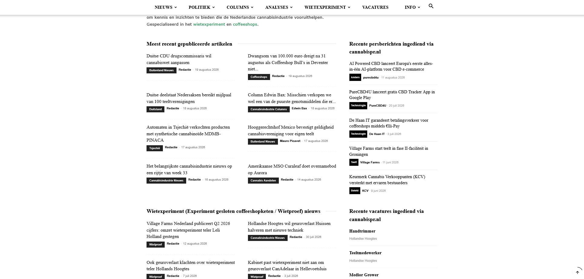 Persberichten en vacatures voorpagina cannabisindustrie